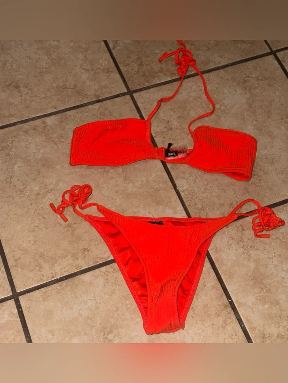 triangl swimwear Neon Coral Ribbed Tie-Side Two-Piece Bikini Set